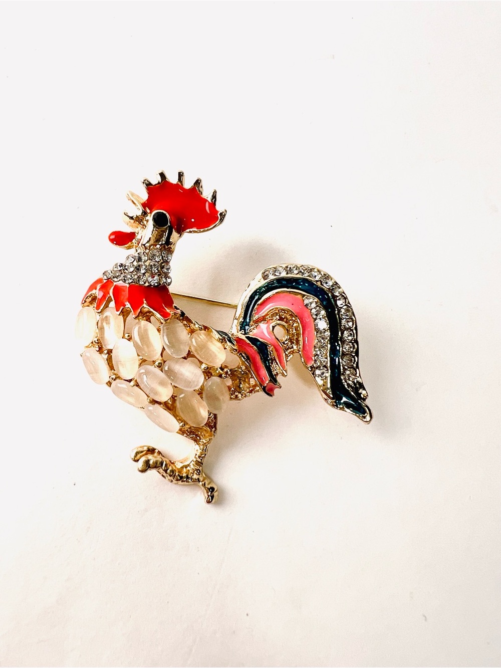 Elegant Rooster Brooch in Red, Pink, Cream and Blue - Women's Jewelry